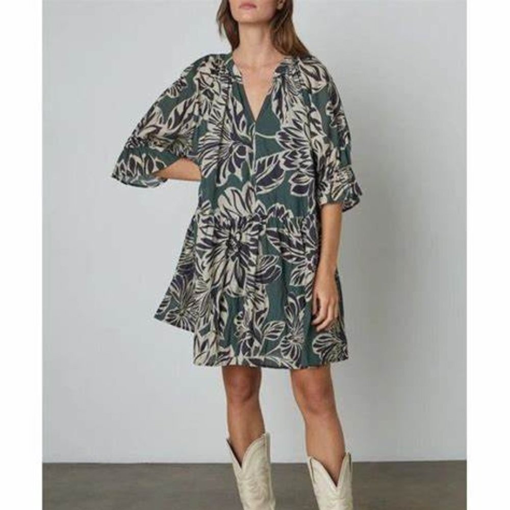 Velvet by Graham Spencer Layne Silk Voile Green Beige Tropical Print Mini Dress